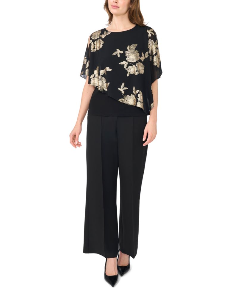 Women's Foil Floral-Print Cold-Shoulder Cape-Sleeve Top
