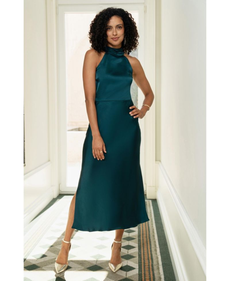 Women's Satin Halter Neck Midi Dress