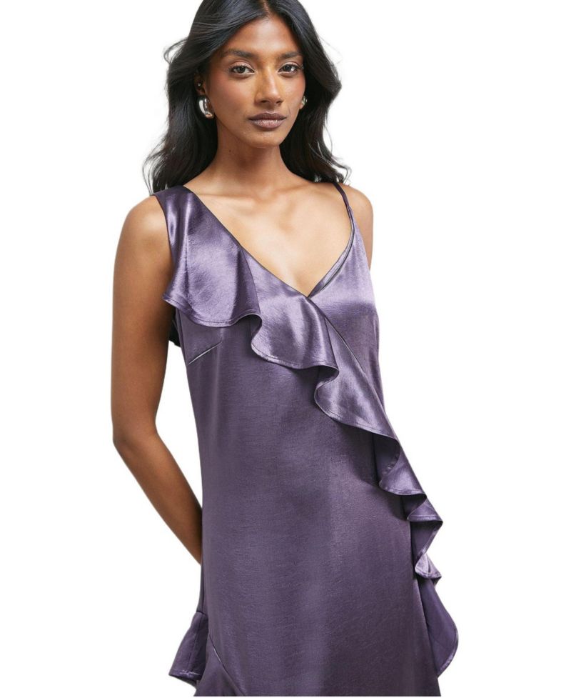 Women's Metallic Satin Ruffle Midi Slip Dress