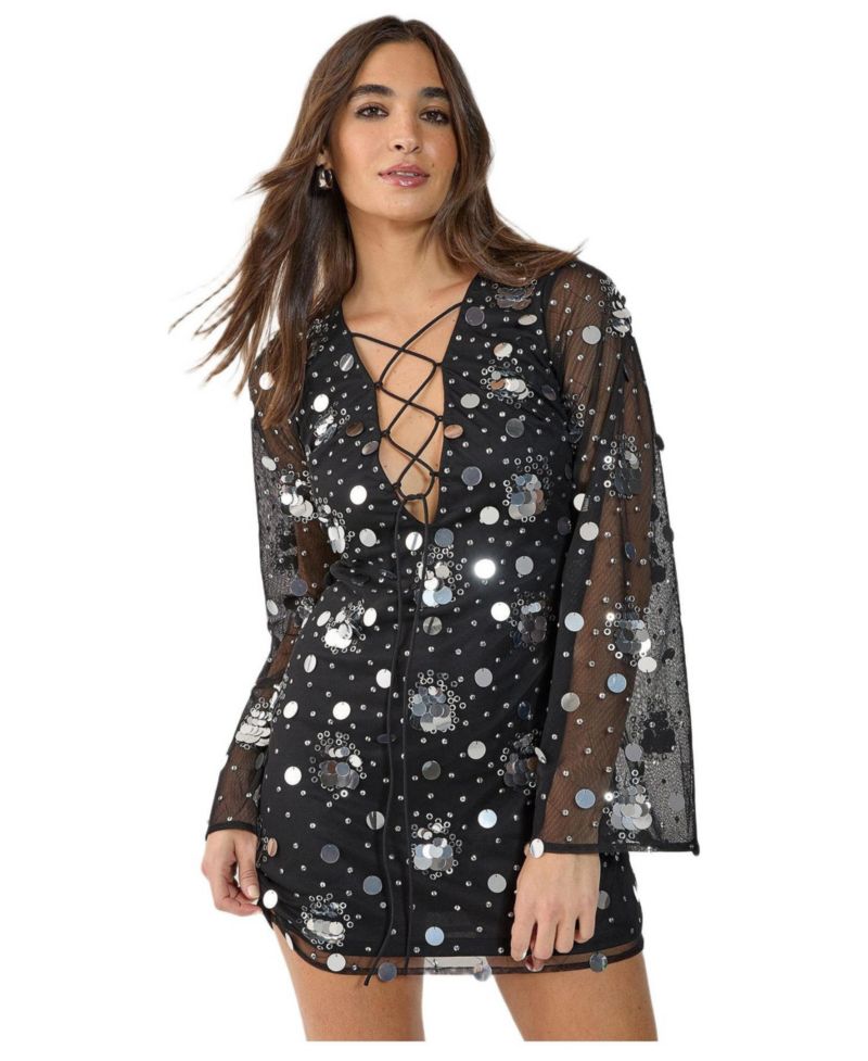 Women's Lace Up Fluted Sleeve Mini Dress