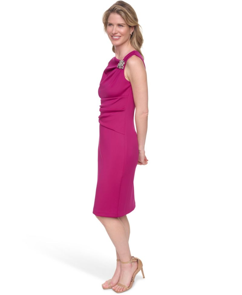 Sleeveless Asymmetrical Neck Cocktail Dress with Tucks