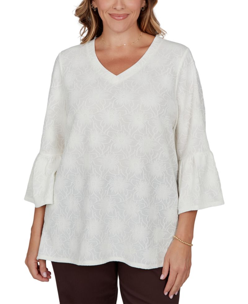 Plus Size V-Neck Floral Bell-Sleeve Blouse