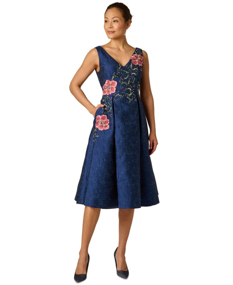 Embroidered Jacquard Floral Beaded Fit And Flare Dress