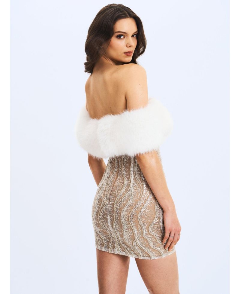 Women's Averie Faux Fur Off-Shoulder Sequin Mini Dress