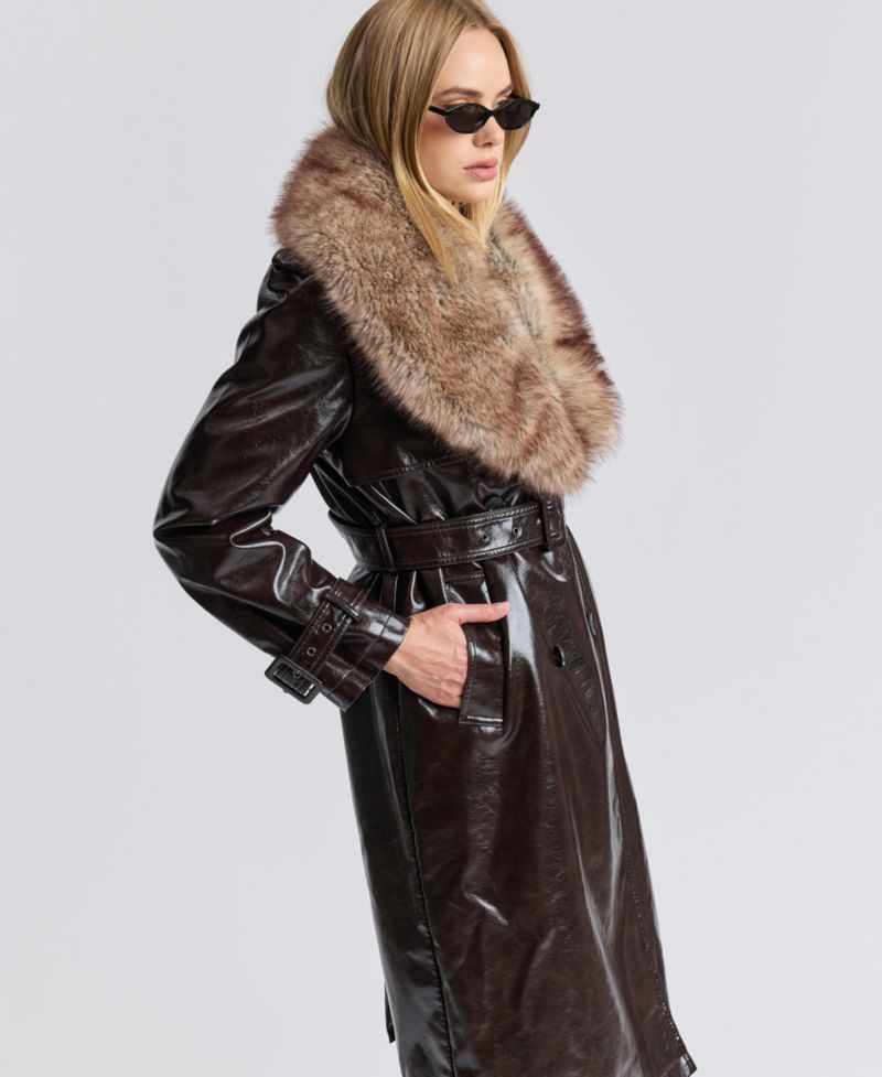 Women's Double-Breasted Detachable Faux Fur Shawl Collar Trench Coat