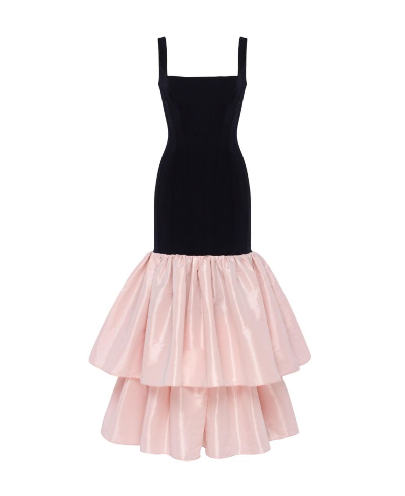 Women's Black Fitted Maxi Dress With Puffy Tiered Skirt