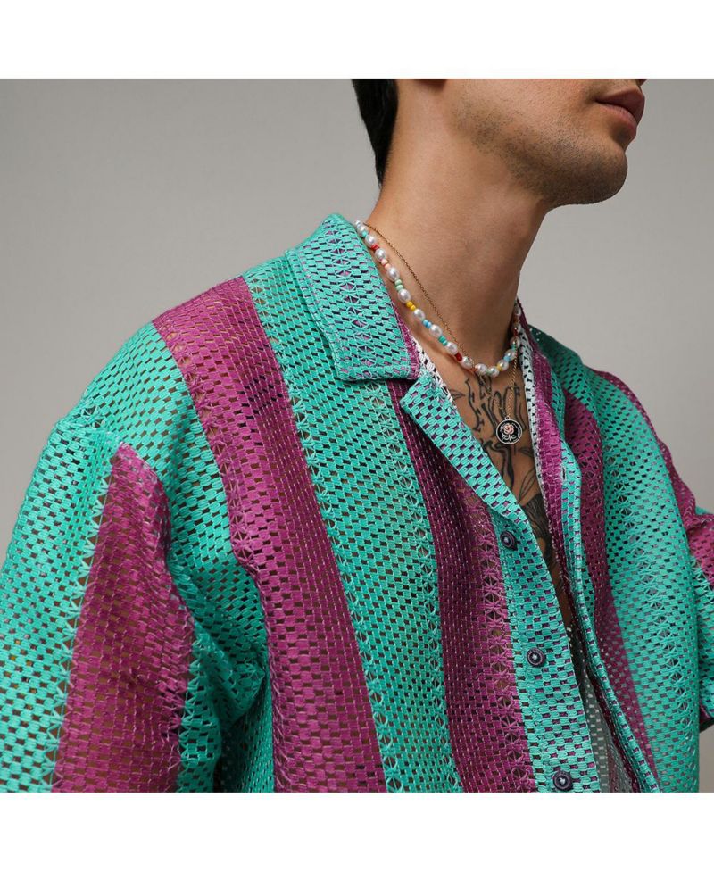 Men's Mint Green & Plum Purple Balanced Striped Oversized Shirt