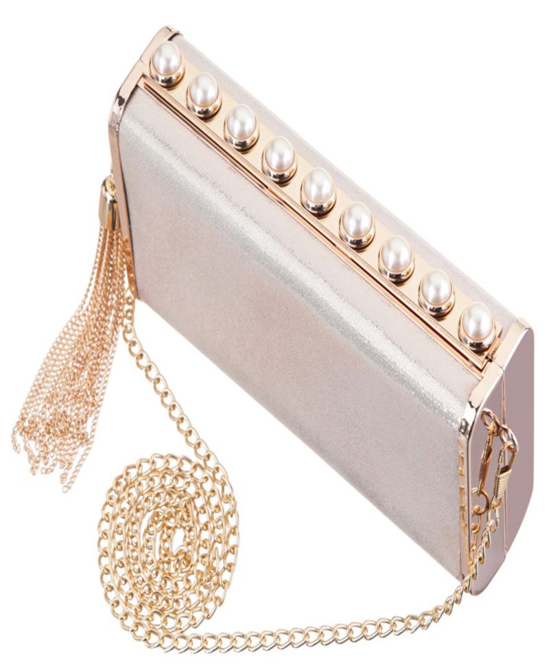 Crystal Ornamented Minaudiere Tassel Lift Lock Clutch