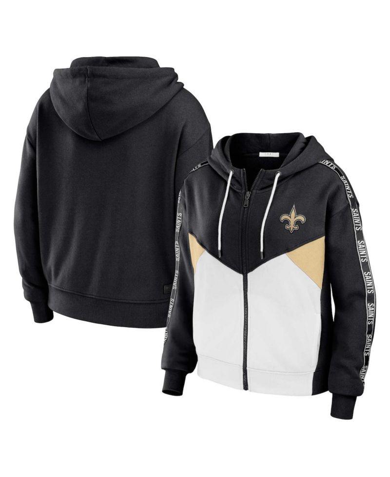 Women's Black, White New Orleans Saints Plus Size Color Block Full-Zip Hoodie
