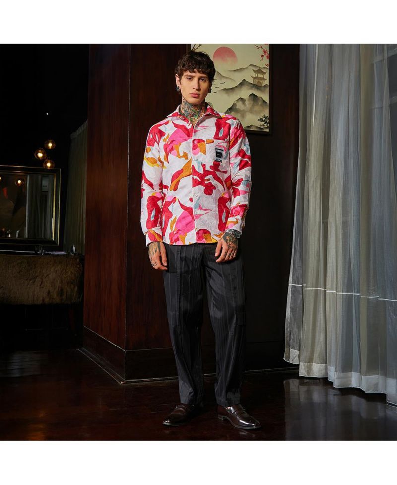 Men's Cream White & Scarlet Red Floral-Tactile Relaxed Shirt