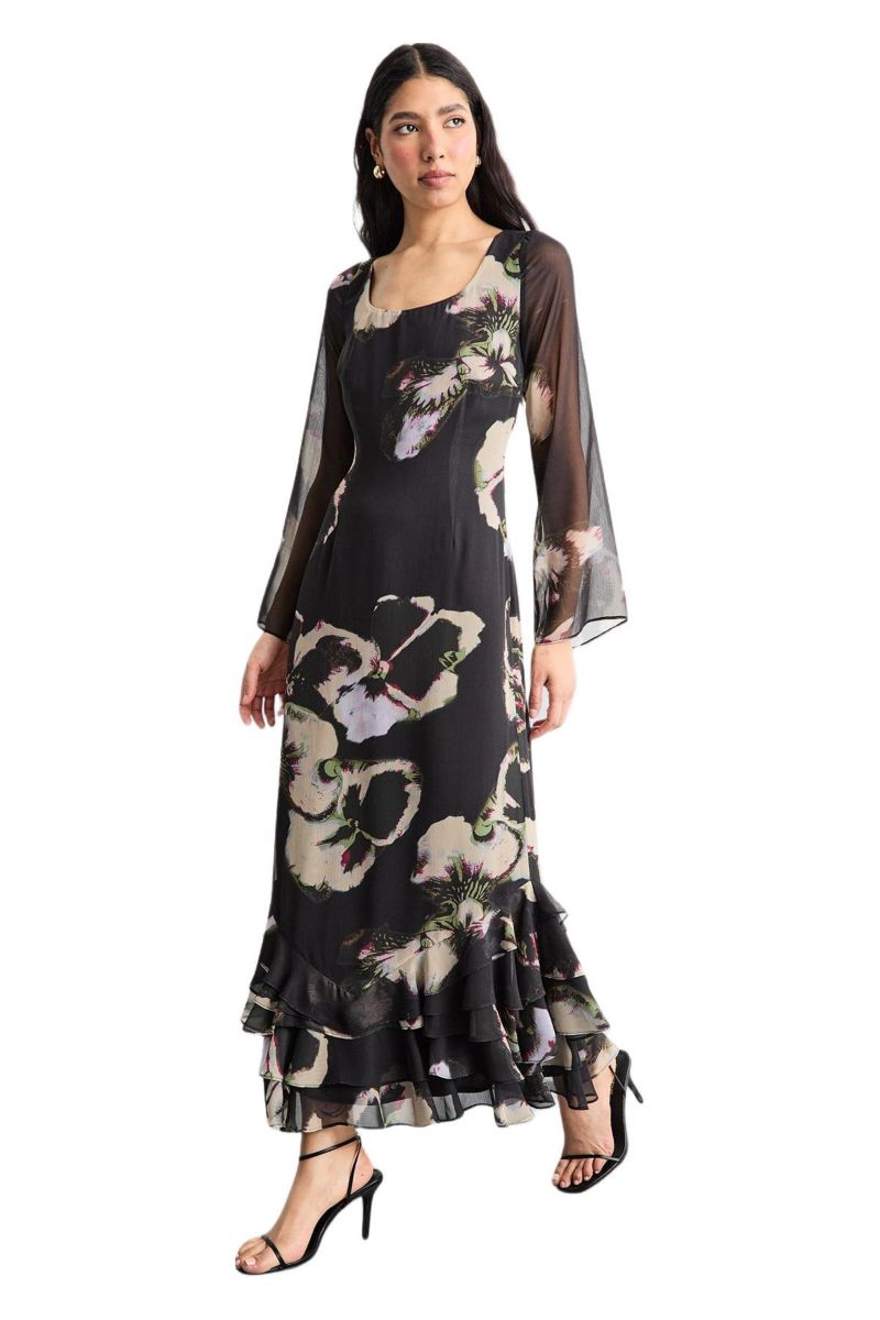 Women's Printed Scoop Neck Ruffle Hem Midi Dress