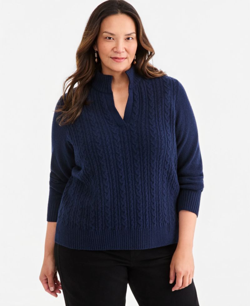 Plus Cable Split Mockneck Long-Sleeve Sweater