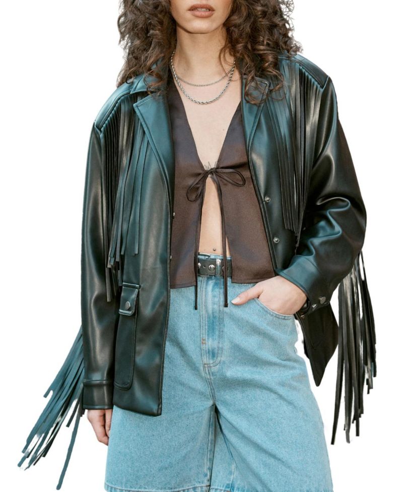 Women's Fringe Faux Leather Belted Jacket