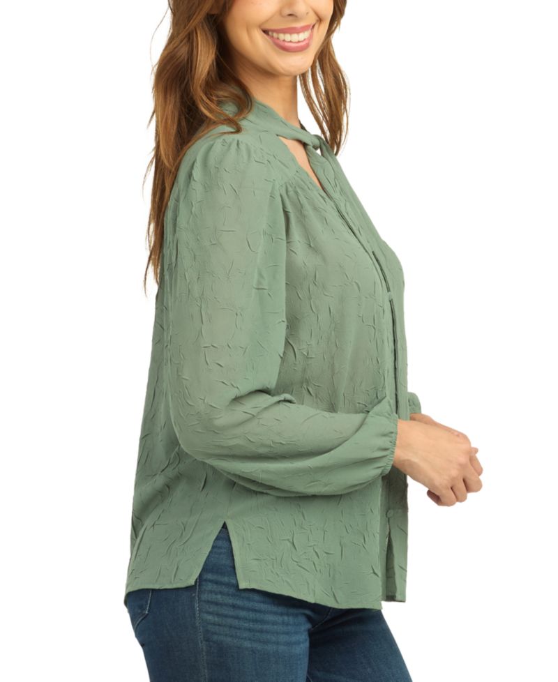 Juniors' Crinkle Button-Front V-Neck Long-Sleeve Blouse