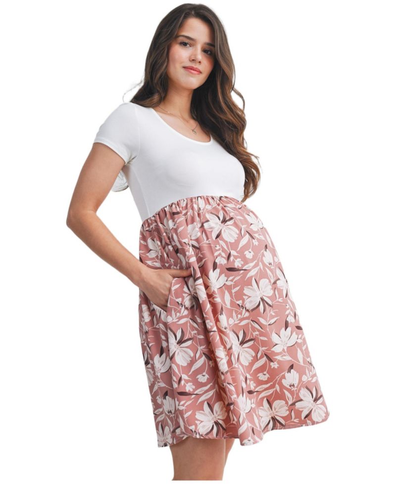 Women's Floral Scoop Neck Short Sleeve Dress with Pockets