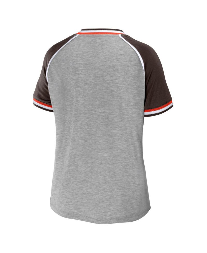 Women's Heather Gray Distressed Cleveland Browns Cropped Raglan Throwback V-Neck T-shirt
