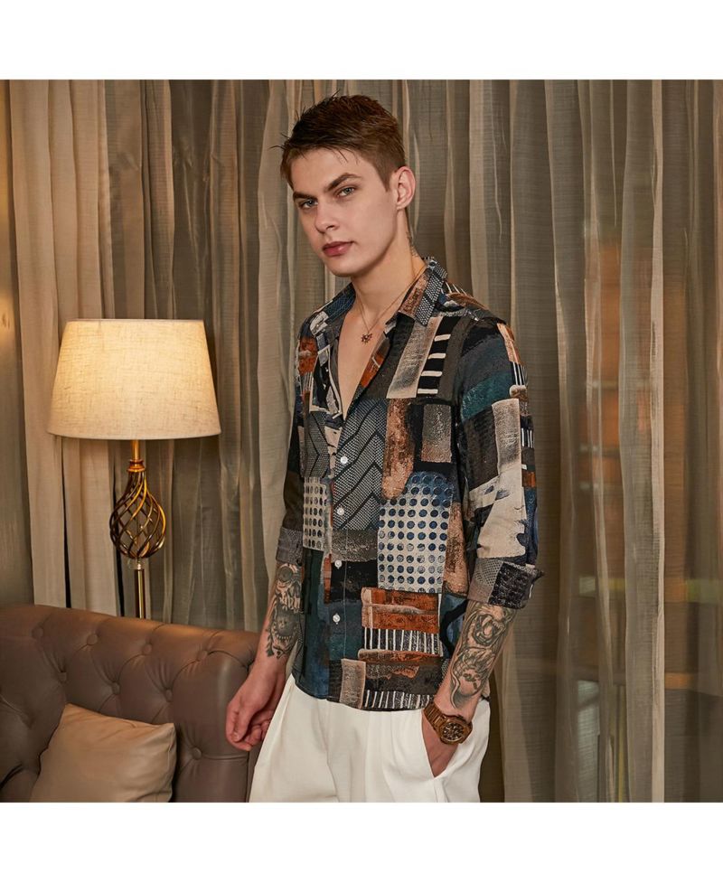 Men's Indigo Blue & Coffee Brown Earthy-Abstract Shirt
