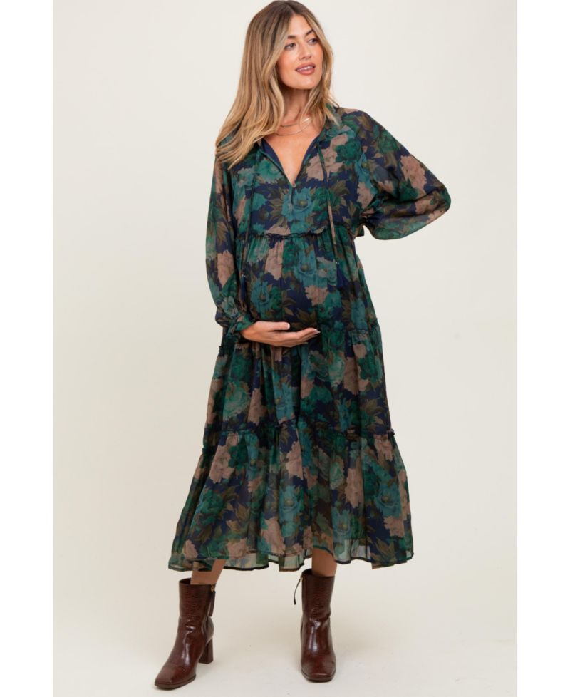 Women's Navy Floral Chiffon Ruffle Tiered Midi Dress