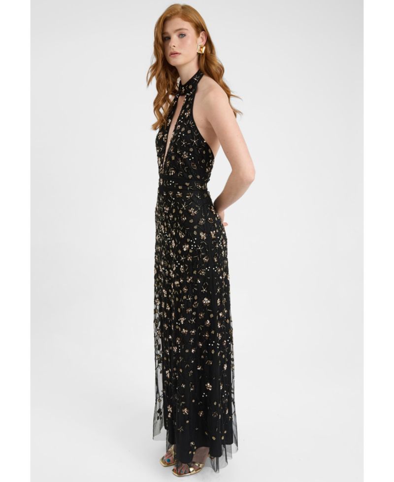 Women's Embellished Sequin Beaded Maxi Dress With Choker-Style Collar