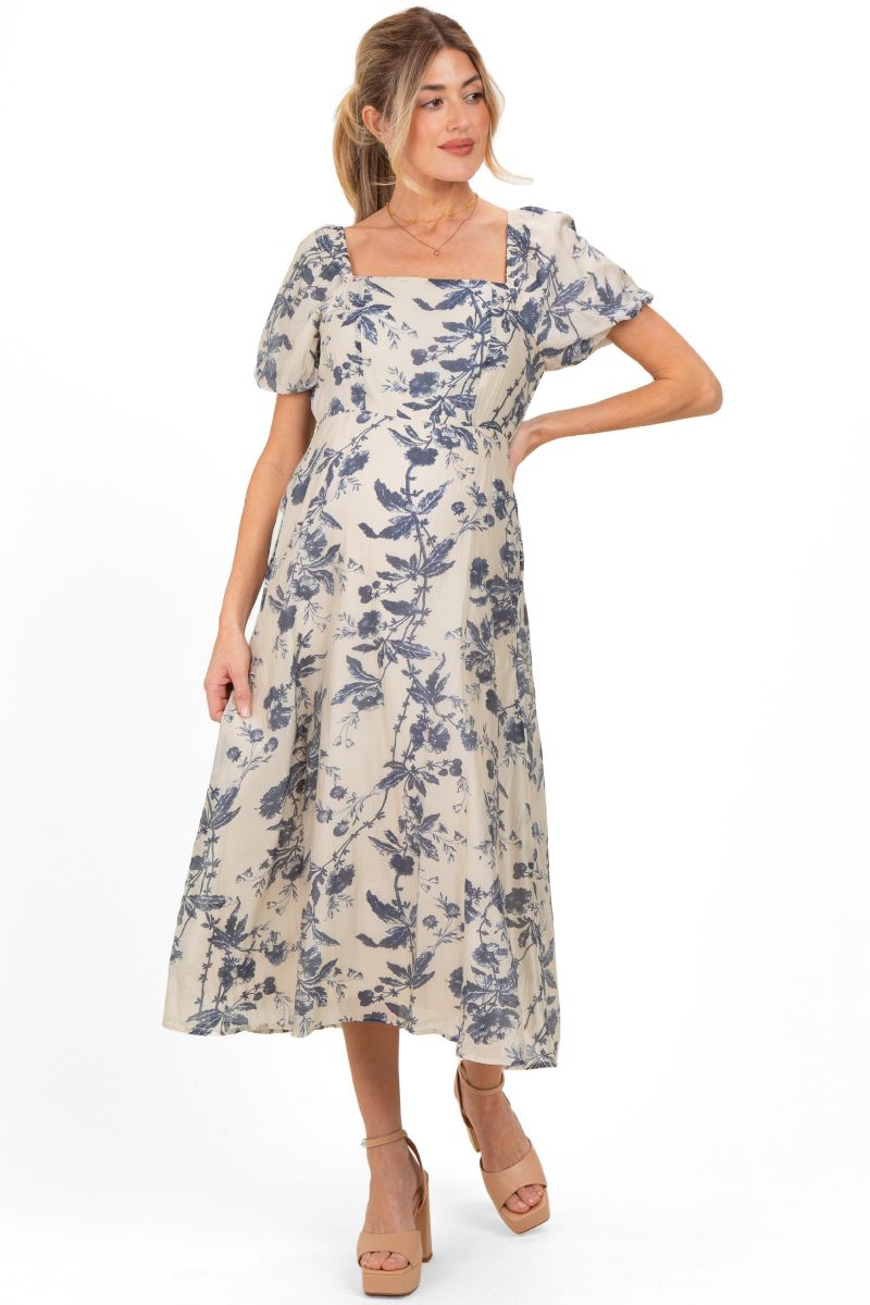 Women's Navy Blue Floral Square Neck Puff Sleeve Midi Dress