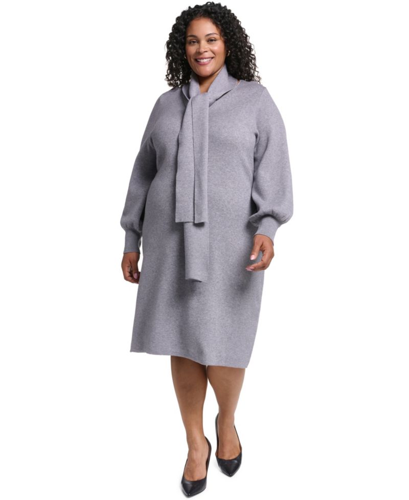Plus Size V-Neck Long-Sleeve Scarf Midi Dress