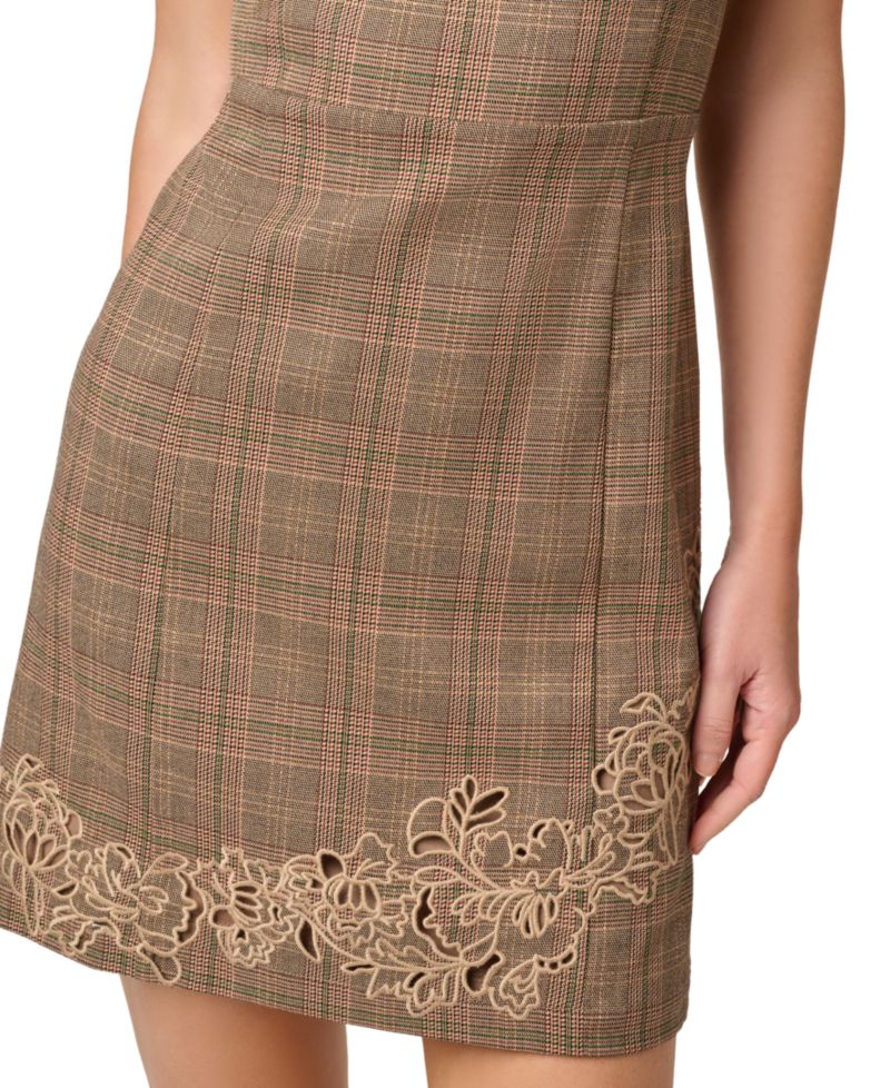 Women's Metallic Plaid Floral Embroidered Sleeveless Dress