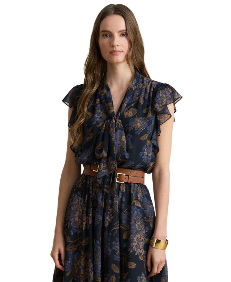 Petite Floral Crinkle Georgette Tie-Neck Midi Dress