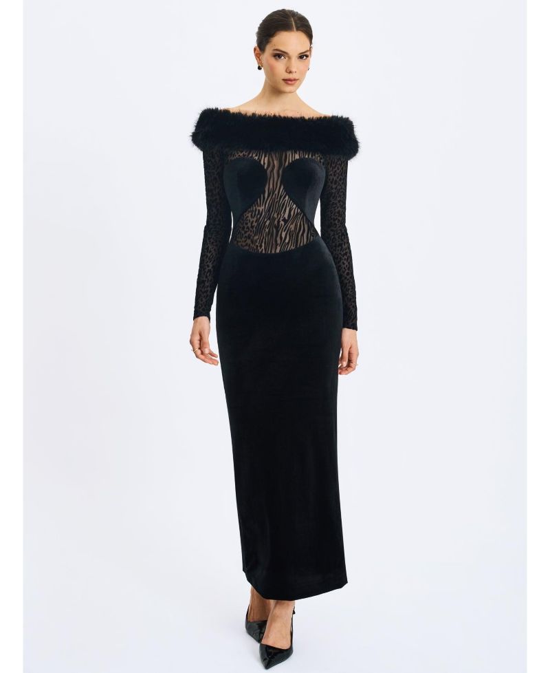 Women's Alexis Black Animal Print Faux Fur Boatneck Maxi Dress