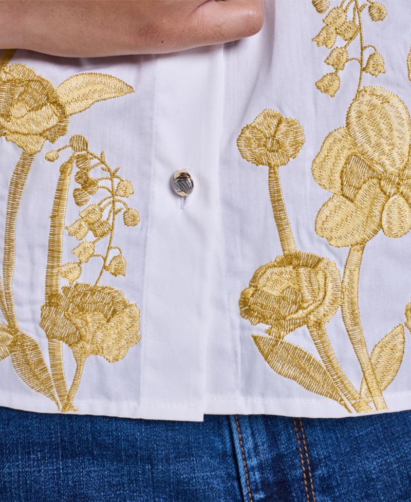 Women's Gold-Tone Embroidery Puff-Sleeve Button-Front Blouse