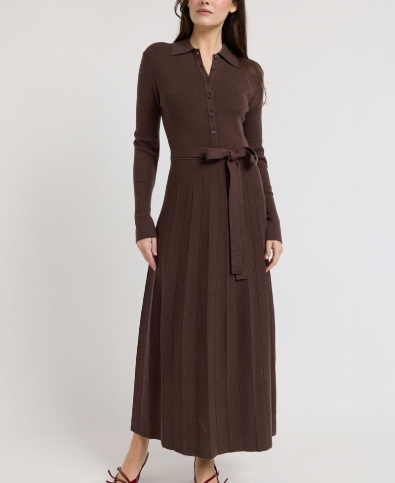 Women's Collared Button-Front Tie-Waist Pleated Knit Maxi Dress