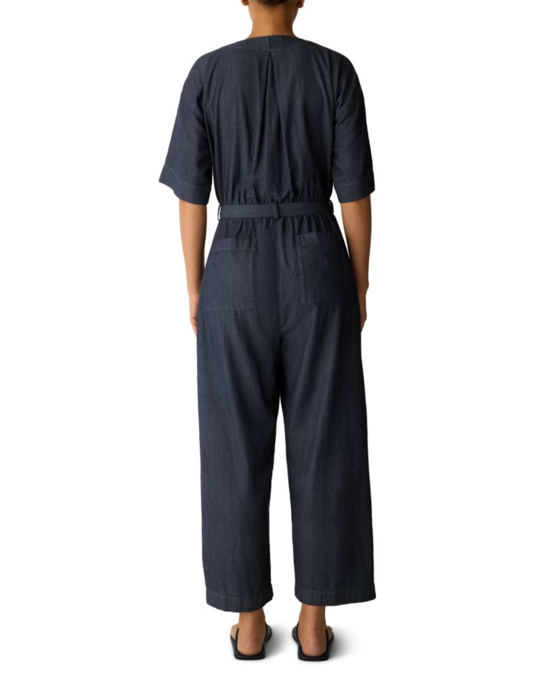 Eileen Fisher Petite Airy Cotton Twill Short-Sleeve Wide-Leg Belted Jumpsuit