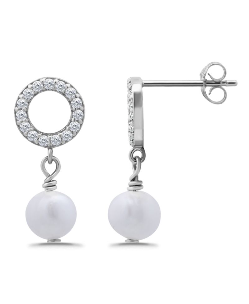 Freshwater Cultured Pearl Drop Cubic Zirconia Open Circle Post Earrings