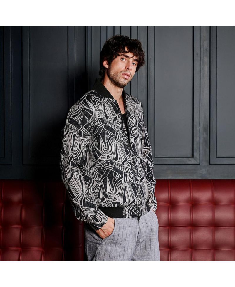 Men's Midnight Black Stroke-Jacquard Bomber Jacket