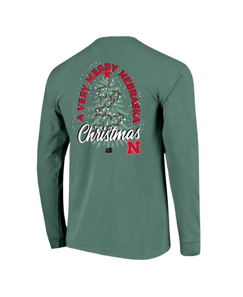 Men's Green Nebraska Huskers Comfort Colors Merry Christmas Tree Long Sleeve T-Shirt
