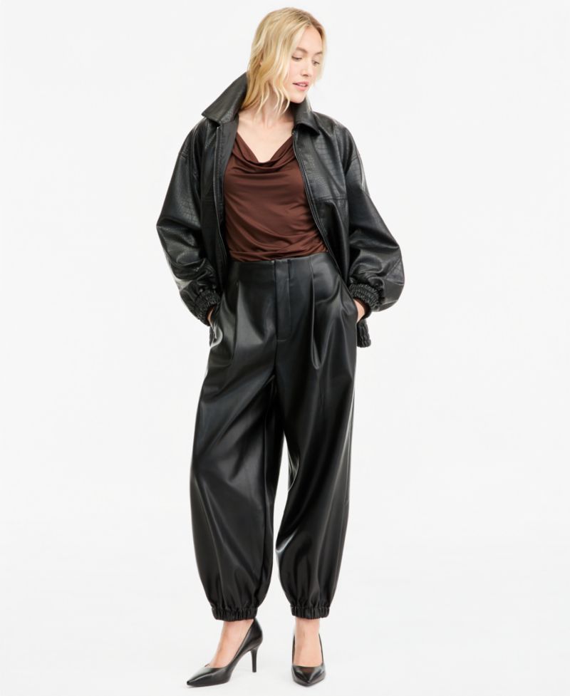 Women's High-Rise Pleated Faux Leather Pants