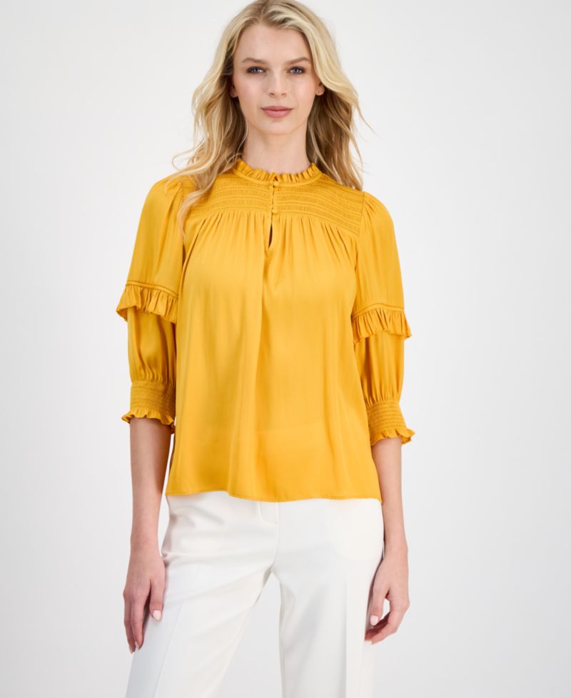 Women's Smocked Ruffle-Trim Elbow-Sleeve Top