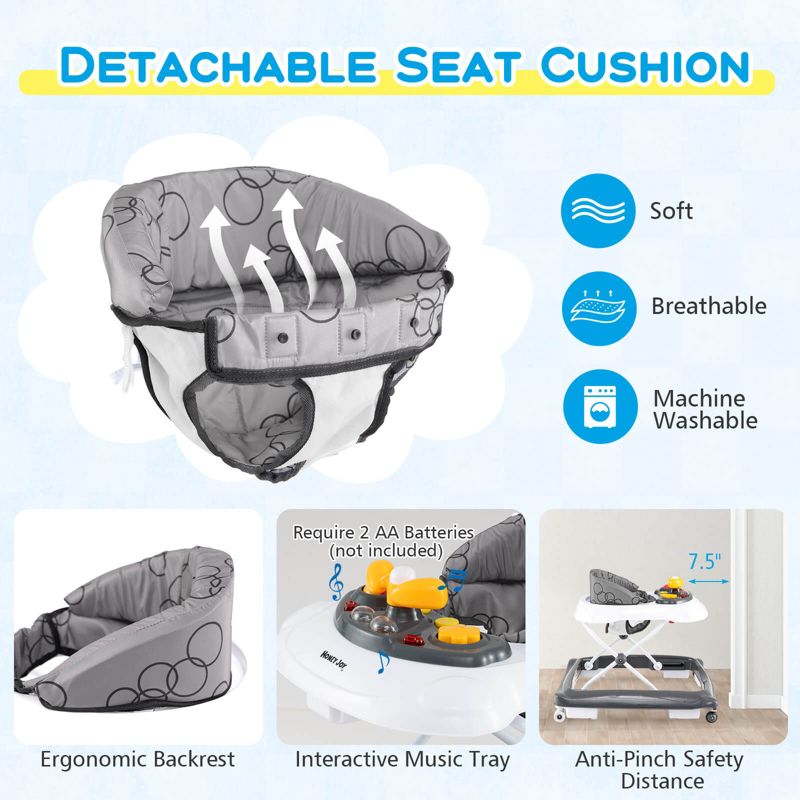 Foldable Baby Walker with 3 Adjustable Heights Comfy Padded Seat