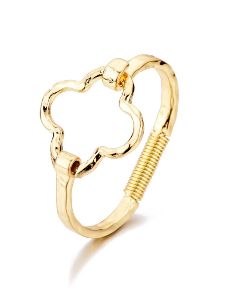 Gold Plated Hammered Clover Open Cuff Bracelet
