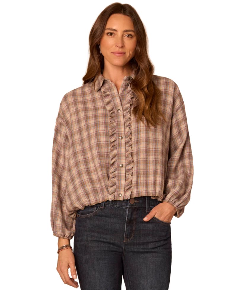 Petite Plaid Ruffle-Front Bubble-Hem Woven Blouse
