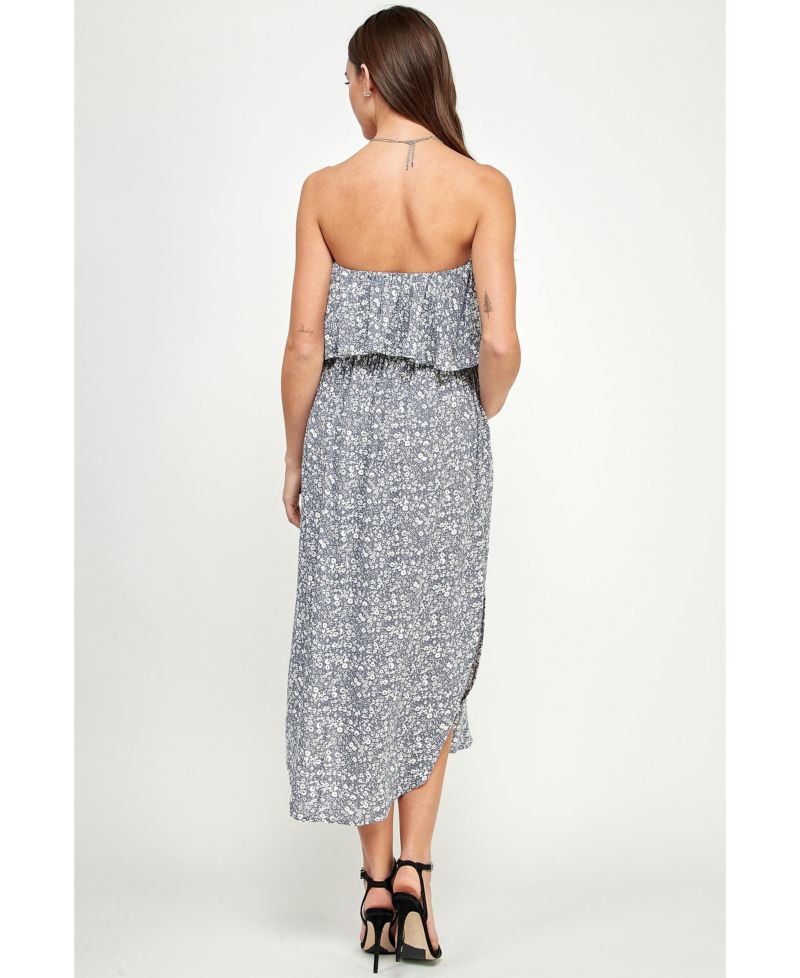 Women's Floral Strapless Ruffle Overlay Midi Dress with Side Slit