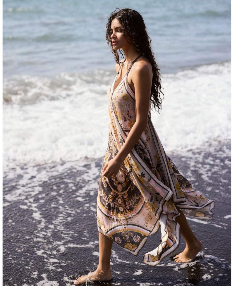 Women's Desert Bloom V-Neck Floral-Print Handkerchief Hemline Maxi Dress