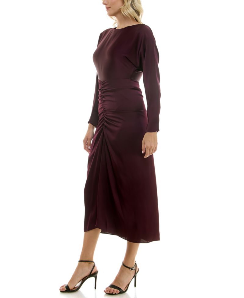 Women's Ruched Satin Dolman-Sleeve Midi Dress
