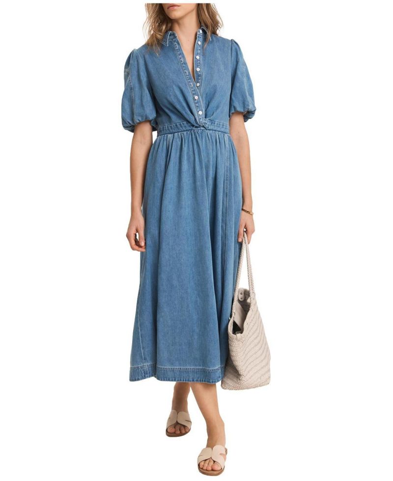 Women's Twist Puff-Shoulder Cotton-Blend Denim Midi Dress
