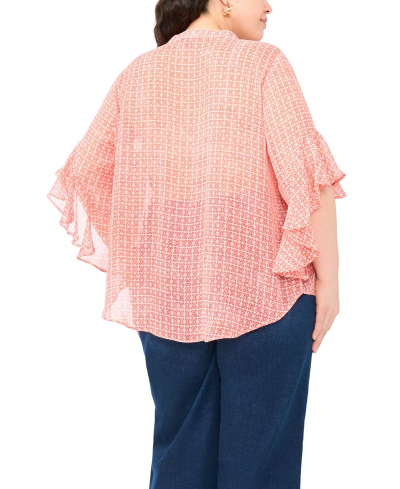 Plus Size Pin Tuck Flutter-Sleeve Henley Blouse