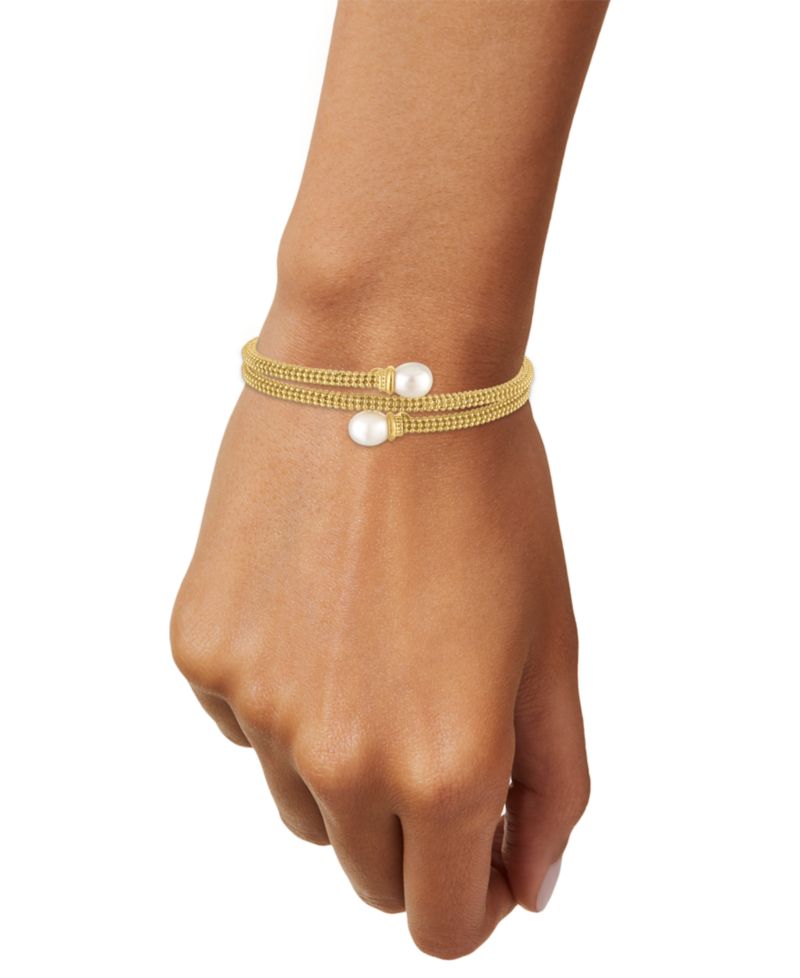 Cultured Freshwater Pearl (7.5-8mm) Bypass Coil Bangle Bracelet in 14k Gold over Sterling Silver