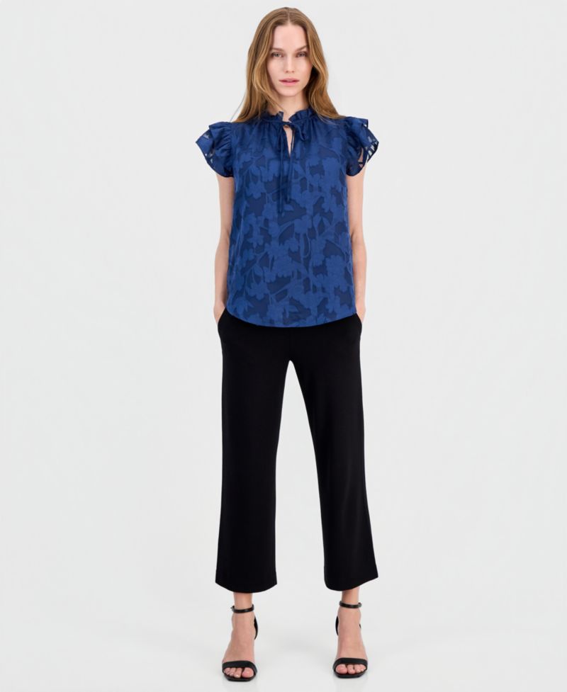 Women's Floral Ruffle-Sleeve Tie-Neck Blouse