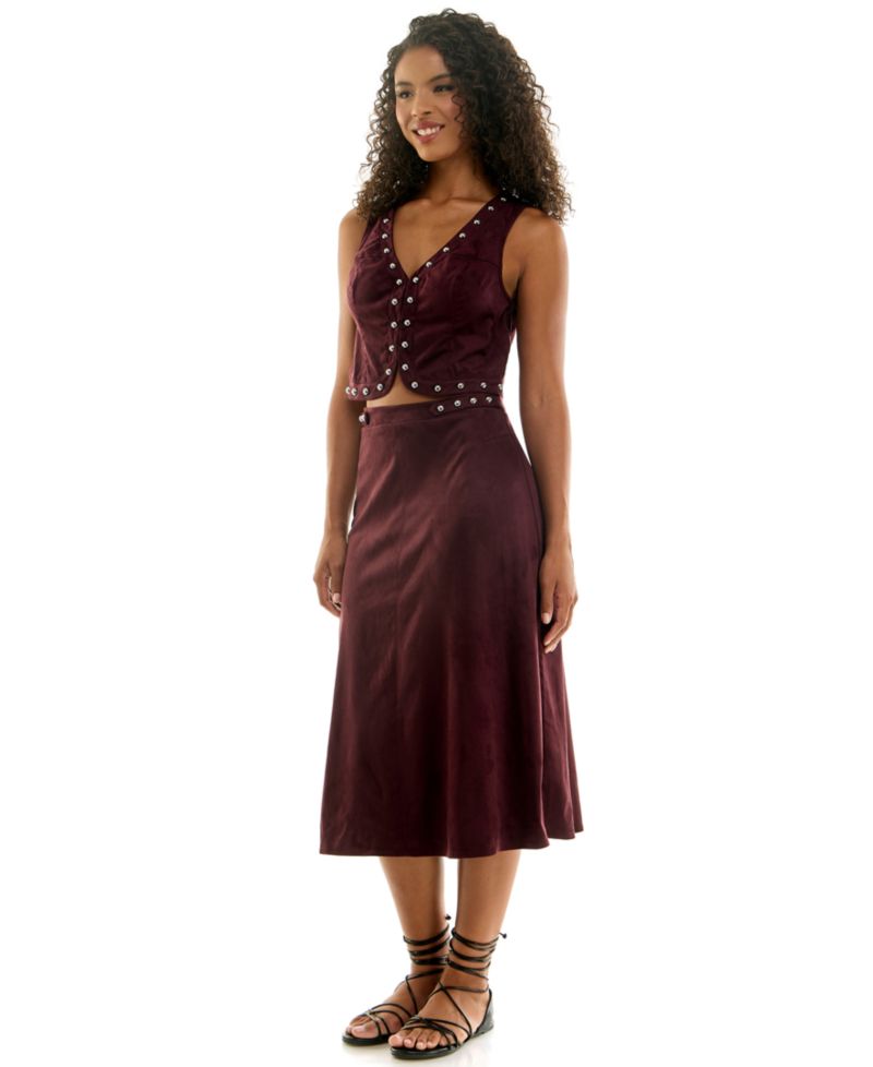 Juniors' Suede V-Neck Studded Vest and Midi Skirt Set