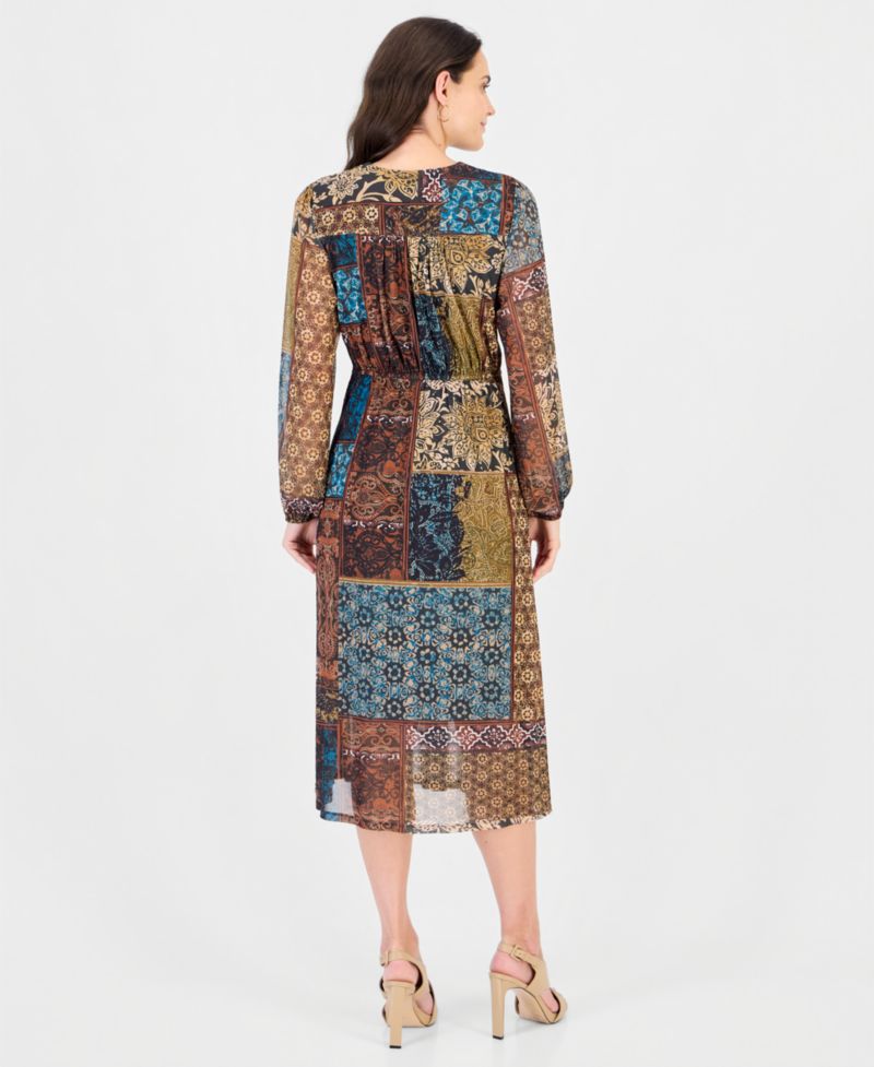 Women's Print Surplus V-Neck Long-Sleeve Wrap Midi Dress