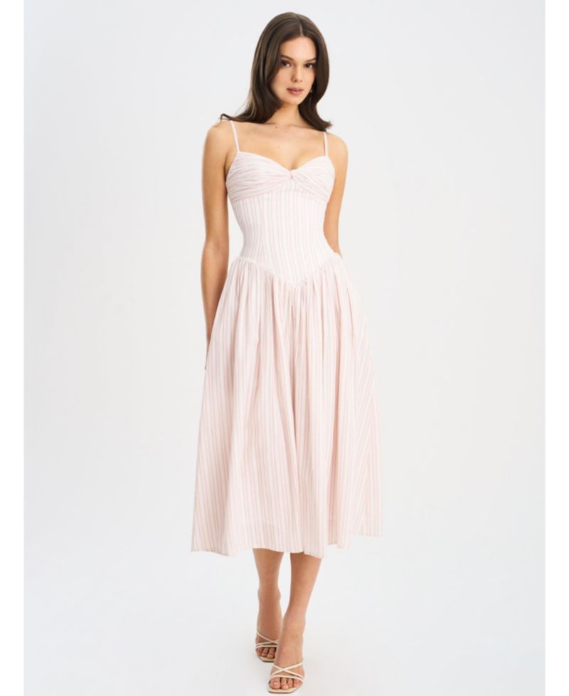Women's Zania Pink Stripe Ruched Breast Cotton Jacquard Midi Dress