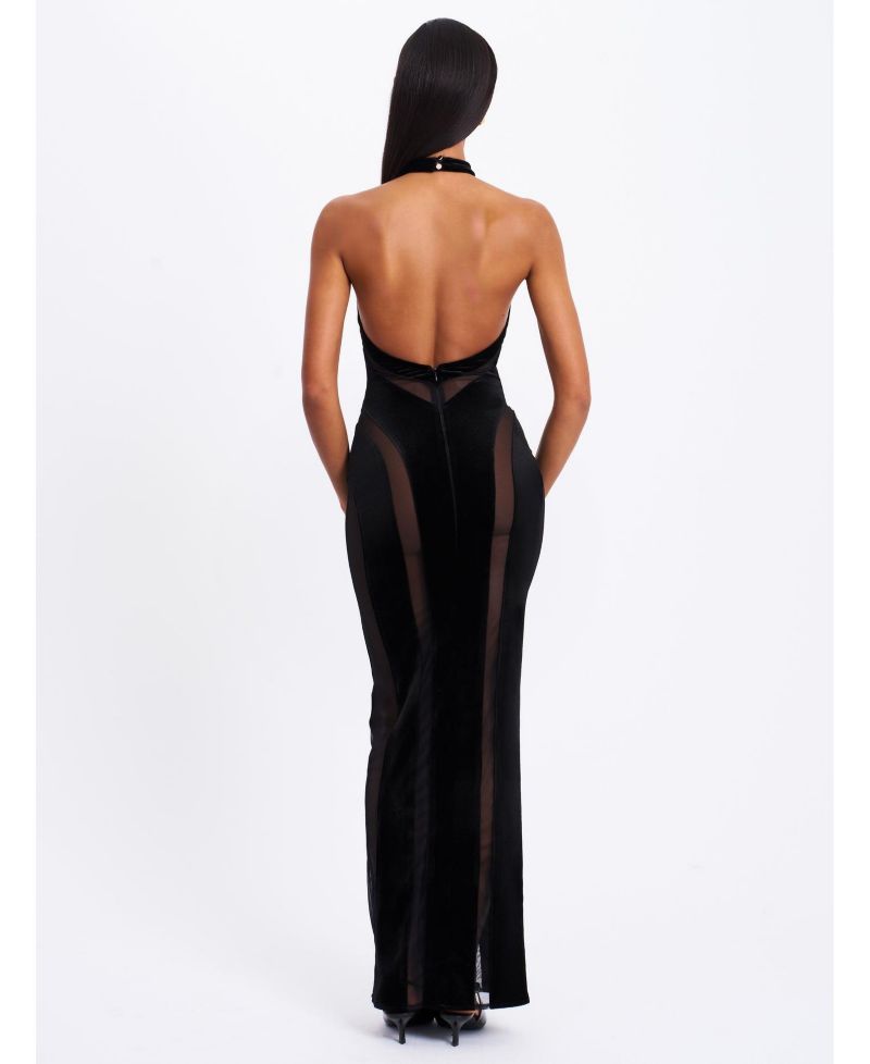 Women's Paityn Black Velvet Mesh Cutout Halter Gown